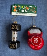 2 Blown Glass Christmas Ornaments 20lb Dumbbell &amp; Red Kettleball Weights... - £19.63 GBP