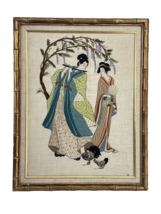 MK Crewel 22&quot;x28&quot; Geisha Asian Linen Vintage Art 1970&#39;s Pastel Framed Wall Décor - £71.01 GBP