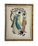 MK Crewel 22&quot;x28&quot; Geisha Asian Linen Vintage Art 1970&#39;s Pastel Framed Wa... - $123.81 CAD