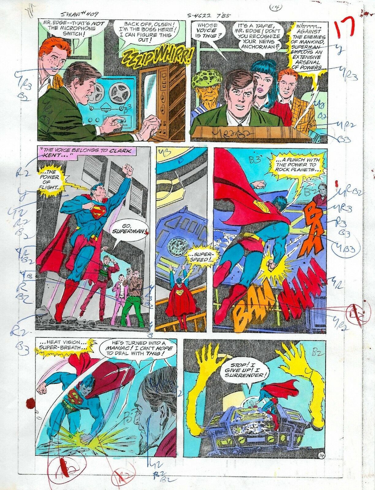 Original 1985 Superman 409 Color Guide Art page 17: DC Comics colorist's artwork - $68.59