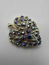 Antique Gold Red Iridescent Rhinestone Leaf Brooch 5cm  BB4 - £26.31 GBP