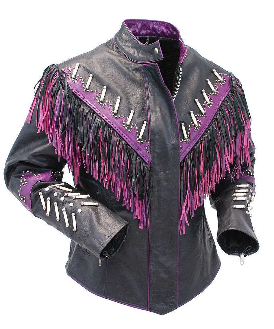 Women's Two Tone Western Bone Beads Biker Fringed Tab Collar Real Leather Jacket