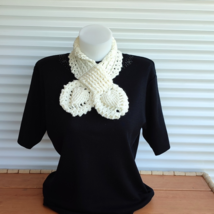 Wool Hand Knit Keyhole Scarf Ivory Crochet Scarf Women Lace Neck Scarf - £25.57 GBP