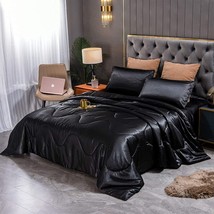 Satin Comforter Set Queen Size, Black Silk Bedding Set With 2 Pillowcases, Luxur - £65.56 GBP