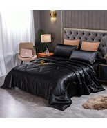Satin Comforter Set Queen Size, Black Silk Bedding Set With 2 Pillowcase... - £64.99 GBP