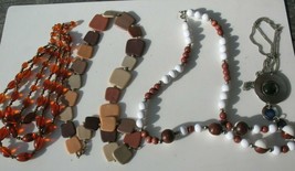 Vintage Lot of 4 Multi Strand Amber Lucite Wood Plastic Metal Beaded Necklaces - £20.07 GBP