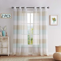 2 Panel Rustic Drapes, Central Park Tan And Spa Blue Stripe Sheer Color Block - £33.76 GBP