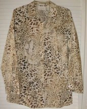 CHICO&#39;S Sz.2 (Large) No Iron Brown/ivory Animal Print Swirls Button Front Top - £14.78 GBP