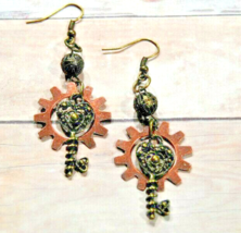 Earrings Jewelry / Copper Gear + Heart Keys + Vintage Beads / Upcycled Fashion - £11.91 GBP