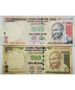 INDIA LOT OF 2 BANKNOTES 500 &amp; 1000 RUPEES RARE CIRCULATED NO RESERVE - $12.93 CAD