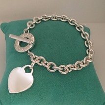 8.25&quot;  Tiffany &amp; Co Sterling Silver Blank Heart Tag Toggle Charm Bracelet - £318.88 GBP
