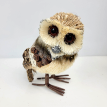 Vintage Sisal Buri Bristle Horned Owl Figurine with Real Feathers and Pine Cones - £14.05 GBP