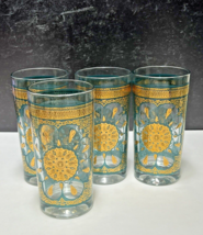 4 Continental Can Mod Retro Highball Glasses Teal Gold Flower Medallion ... - £34.25 GBP