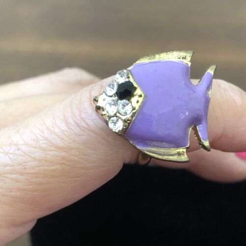 Vintage Lavender Enamel Fish Ring with Rhinestones Adjustable Size 6-3/4... - $7.91