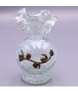Vintage Crackle Glass Ruffle Edge Vase With Brass Floral Detail 7&quot; - $35.31 CAD