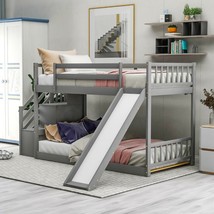 Twin over Twin Bunk Bed with Convertible Slide and Stairway, Gray - £359.88 GBP
