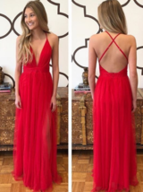 Sexy Backless Red Tulle Prom Dresses ,Long Evening Dresses - £112.17 GBP