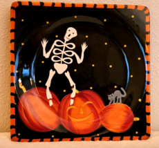 Laurie Gates Ware Serving Platter Halloween Skeleton Pumpkins Cat 11x11 Square - £19.97 GBP