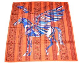 Hermes Scarf Le Pegase D&#39;Hermes 140 CM Silk Orange 56&quot; Stole Scarf - £1,166.91 GBP