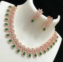 Bollywood Style Rose Gold Pated Indian Choker Necklace Green CZ Jewelry Set - £68.33 GBP