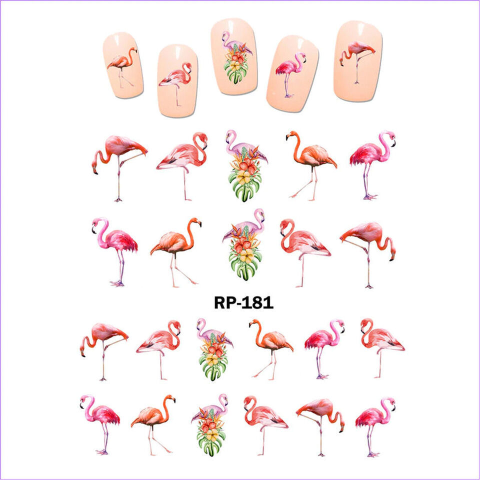 Nail art water transfer stickers decal pink flamingo in love flowers RP181