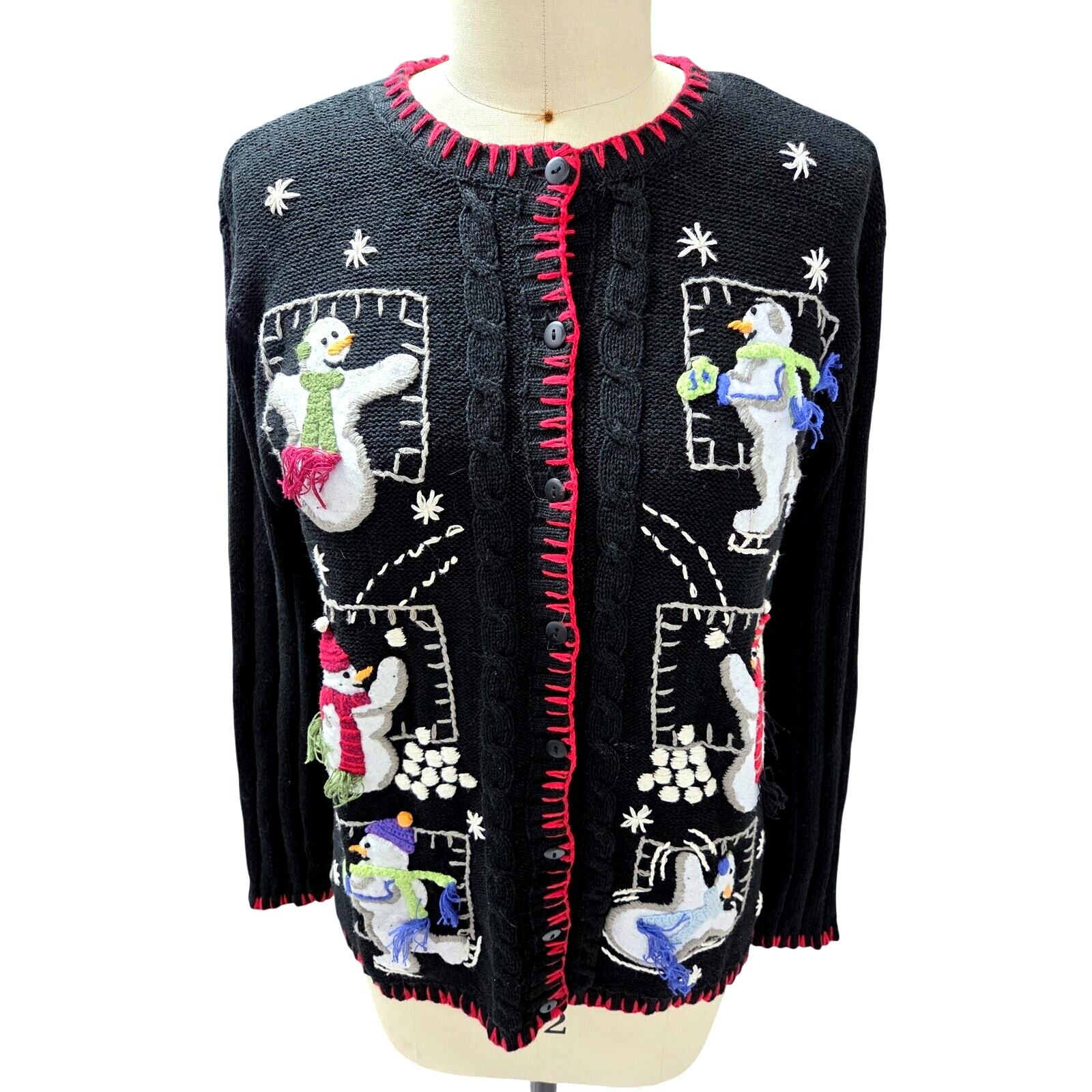 VTG 90S Quacker Factory Black 3D Red Trim Snowman Winter Cardigan Holiday L Item image 2