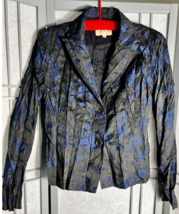 VTG 80&#39;s Crinkle Blazer By Alberto Makali Black With Blue Floral Print - $22.76
