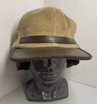 Vintage Tan Corduroy Hat Made In USA Medium Brown Faux Leather Strap Brim - £11.08 GBP