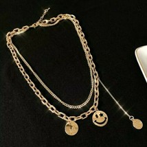 Gold Smiley Face Head MultiLayered Necklace Pendant Chain Jewelry Trendy Style - £16.37 GBP