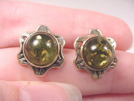 (pe36-a) Green Amber Circle Sun Star .925 Sterling Silver Stud Earrings Jewelry - £32.12 GBP