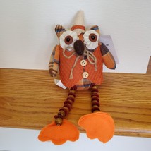 Owl Shelf Sitter, Plaid Fabric, wearing waistcoat and hat, bead legs, fall decor