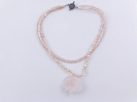 ROSE QUARTZ Flower Pendant on Pearl and Glass Beaded Necklace - Sterling... - £43.86 GBP