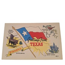 Postcard Greetings From Texas State Flag Longhorns Bluebonnets Chrome Unposted - £5.52 GBP