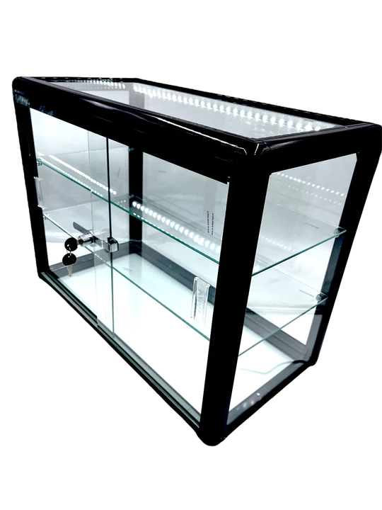 Elegant Black Aluminum Display Table Top Tempered Glass Showcase with LE... - $249.22
