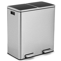 16 Gallon Dual Step Bin Trash Can Stainless Steel Double Bucket Pedal Silver - £185.70 GBP