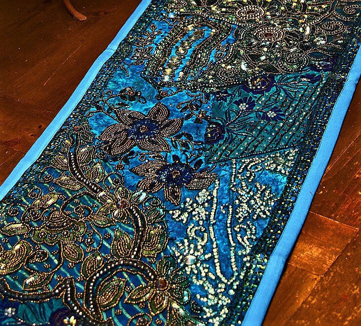 Handcrafted Blue Gujarat Table Runner with Exquisite Embroidery and Jewel - $111.29