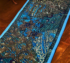 Handcrafted Blue Gujarat Table Runner with Exquisite Embroidery and Jewel - $153.92 CAD