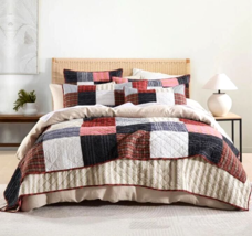 3pc Checkered Plaid Patchwork Cotton Red Multi All Season King Size Quilt Set - £178.74 GBP