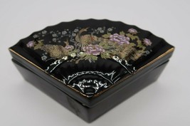 Vtg Asahi Japan black ceramic fan shape lidded trinket box peacock floral pttn - £9.01 GBP