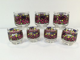 Vintage Set of 7 Mid Century Blue Red Yellow Purple Glasses 3-1/4&quot; Tall ... - £19.65 GBP