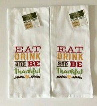 Thanksgiving Embroidered Thankful Dish Towels 100% Cotton Sack Cloth Set of 2 - £17.88 GBP