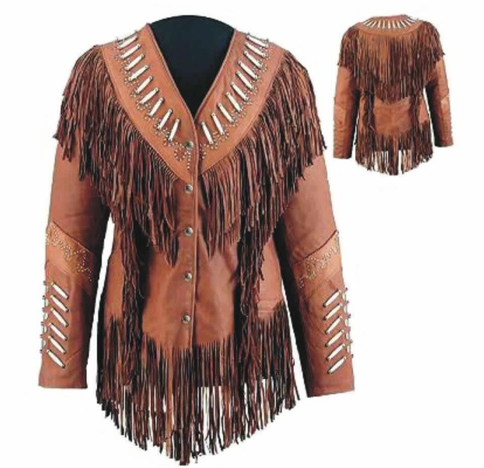 Women Brown Handmade Western Bone Beaded Genuine Cowhide Leather Fringed Jacket