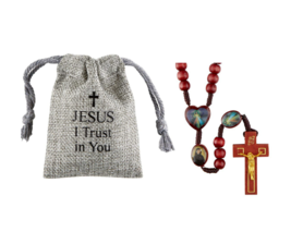 Divine Mercy Wood &amp; Cord Rosary with Linen Rosary Pouch &quot;Jesus I Trust in You&quot; - £11.94 GBP