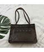 Unbranded Leather Tote Shoulder Bag Purse Dark Brown Woven Boho Trim Large - $36.62