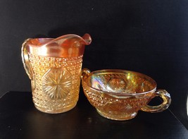 Imperial Glass Star Medallion Milk Pitcher &amp; Double Handle Bowl Marigold - $26.00