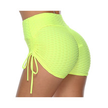 Tummy Hiding Wide Waistband High Rise Ruched   Shorts Honeycomb Textured Neon Gr - £21.13 GBP