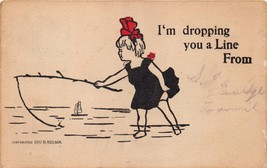Lapaz Indiana Postmark~Girl Fishing~I'm Dropping You A Line From~Postcard 1907 - £6.85 GBP