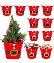 8 Pcs Christmas Metal Round Red Santa Buckets Galvanized Tin With Handles - $14.72