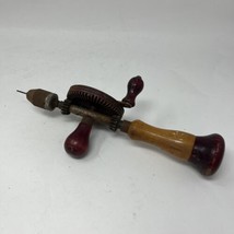 Vintage Hand Crank Drill Wooden Red With Drill Bits Egg Beater Style - $46.37