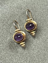 Oval Amethyst Stone in 925 Marked Goldwashed Silver Modernist Frame Dangle Earri - £13.34 GBP